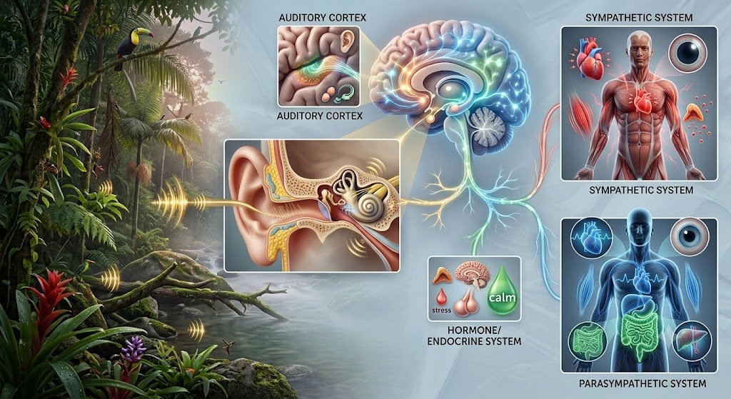 Diagrama que muestra cómo los paisajes sonoros influyen en el cerebro y el sistema nervioso autónomo