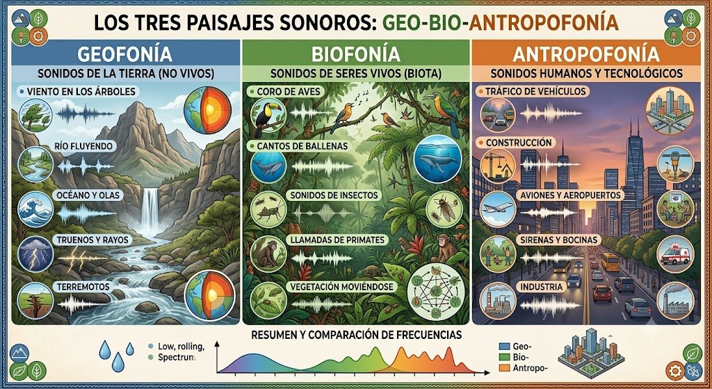Infografía comparando los tipos de paisajes sonoros: geofonía, biofonía y antropofonía con ejemplos de sonidos naturales y urbanos