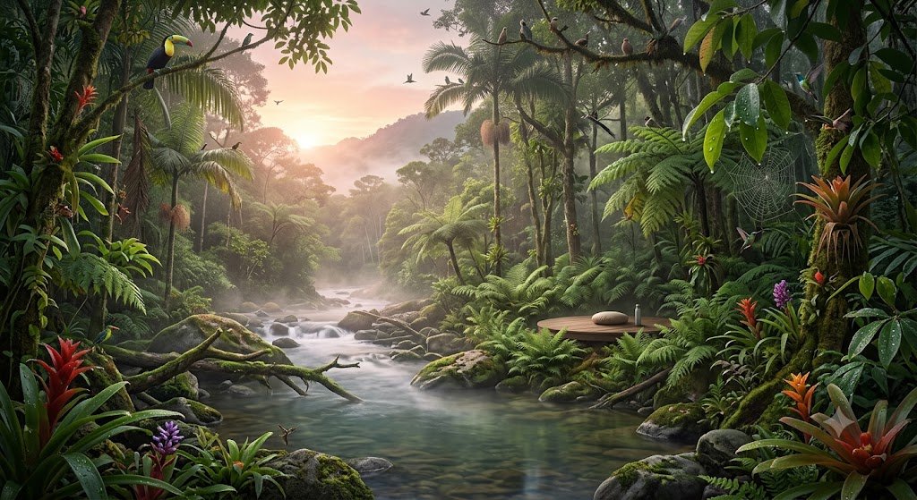 Paisaje sonoro natural: bosque con río al amanecer para relajación y meditación — Lumia Radio